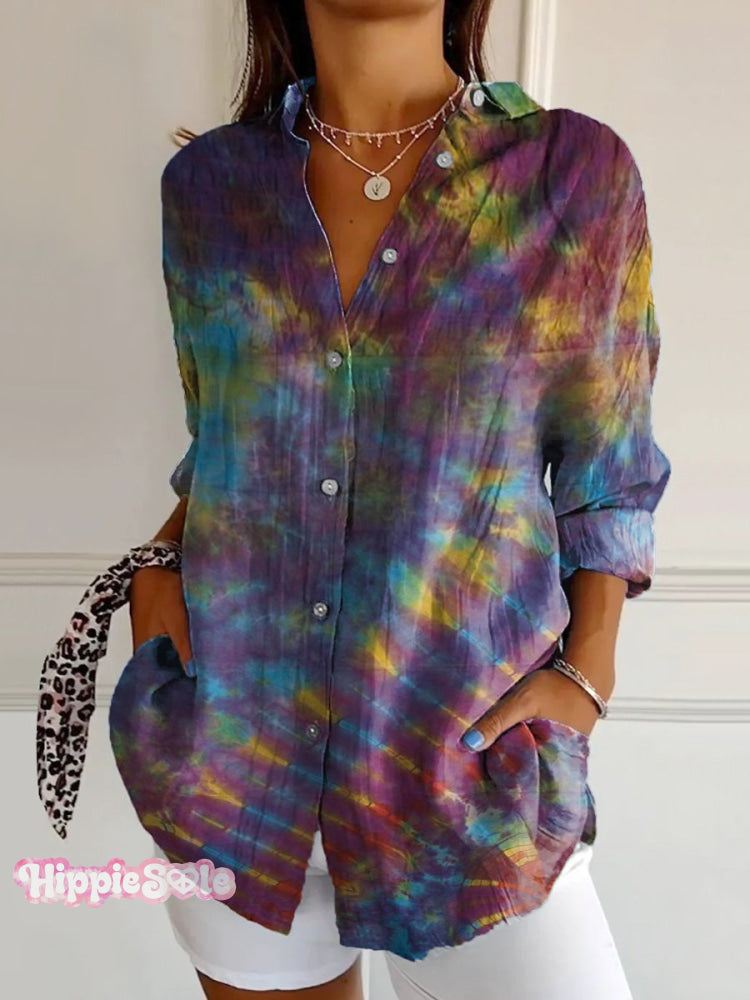 Women's Irregular Starry Sky Tie Dye Print Casual Cotton Shirt