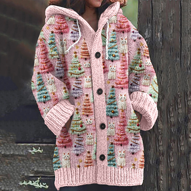 Christmas Tree Cat Print Knitted Hooded Cardigan elevenforest