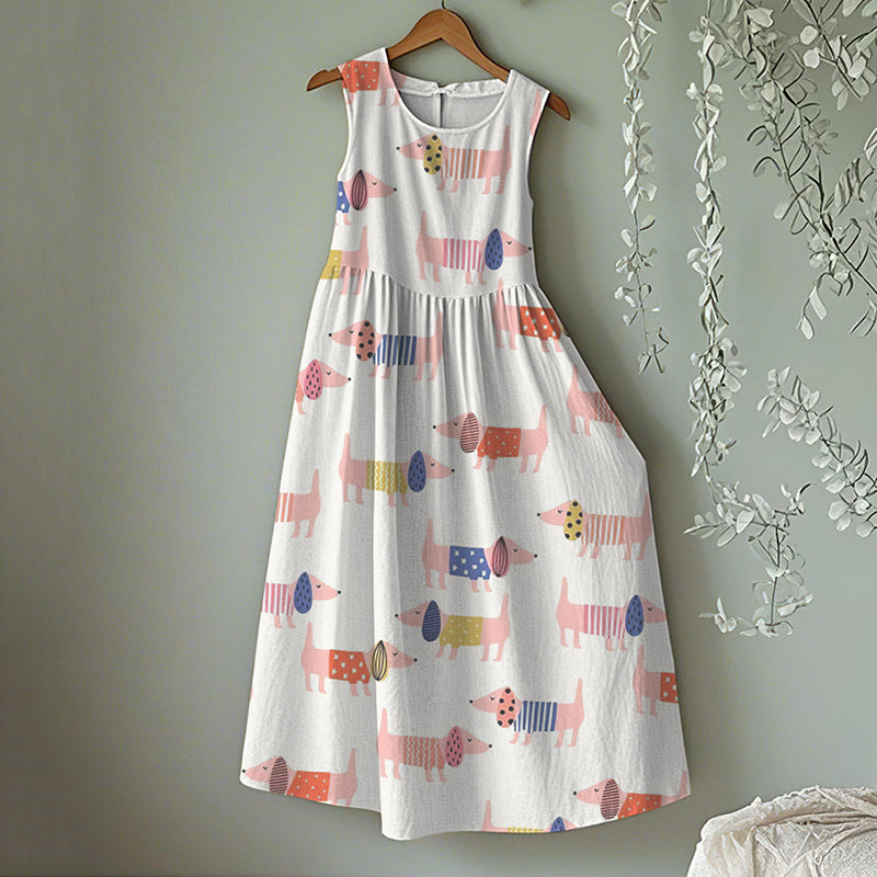 Comstylish Vintage Dachshund Dog Art Linen Tank Midi Dress