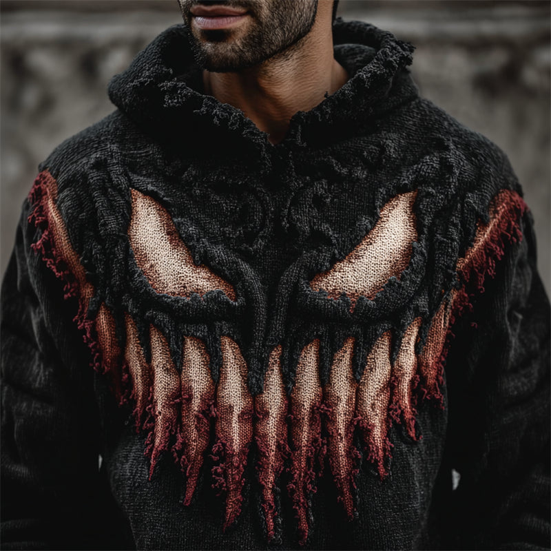 Men's Halloween Bloody Fangs Monster Distressed Hooded Knit Sweater artswardrobe