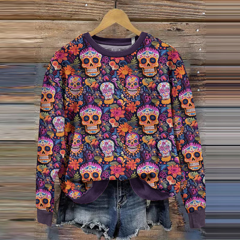 Comstylish Mexican Sugar Skull And Floral Embroidered Art Pattern Sweatshirt