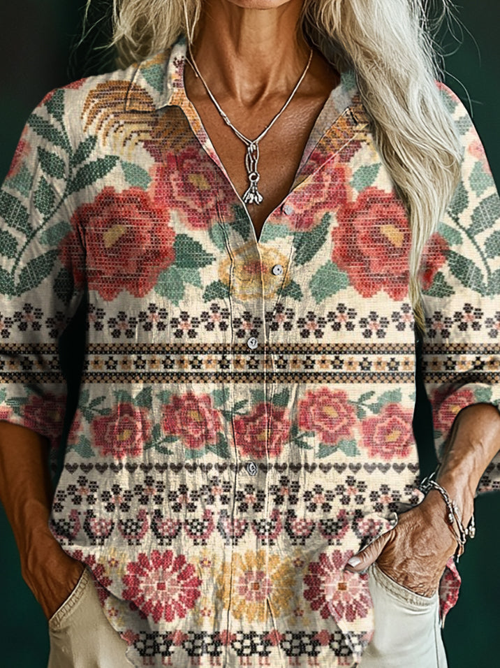 Women's Vintage Bohemian Floral Art Pattern Print Casual Cotton Shirt