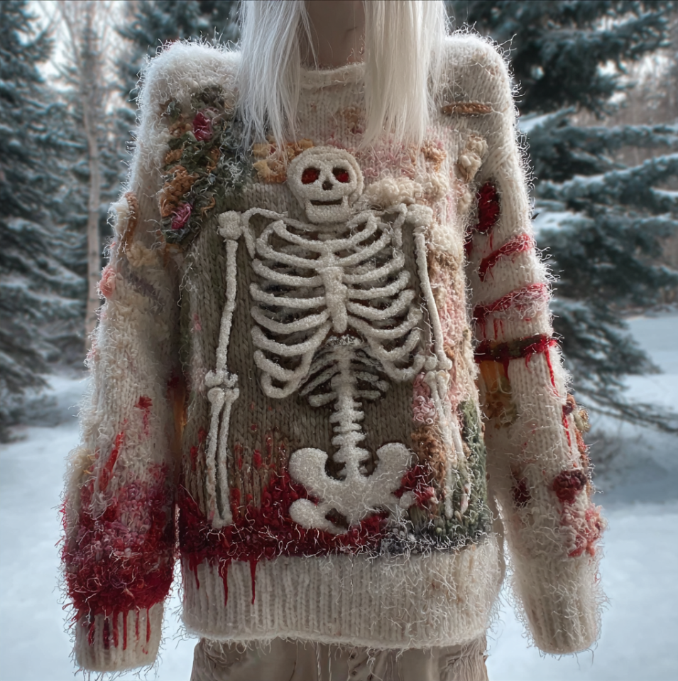 Lady's Halloween Gothic Style Skull Skeleton Pattern Knitted Sweater artswardrobe