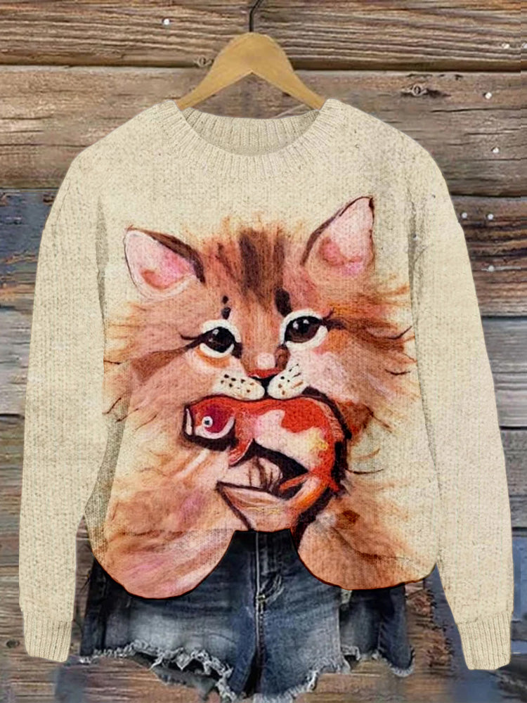 Cute Cat Felt Art Crew Neck Cozy Knit Sweater elevenforest