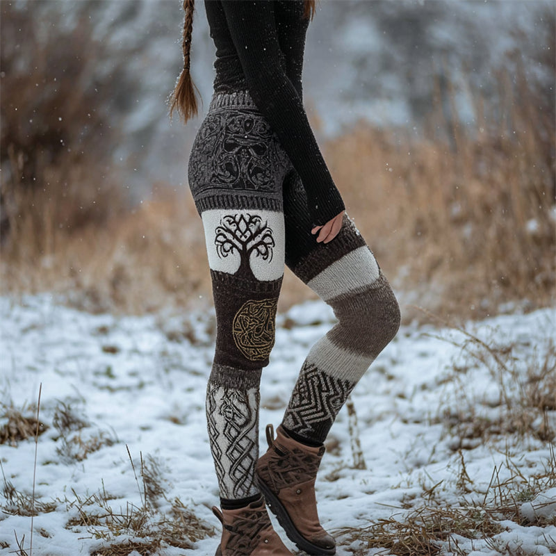 Vintage Viking Tree Of Life Celtic Colorblock Cozy Knit Leggings