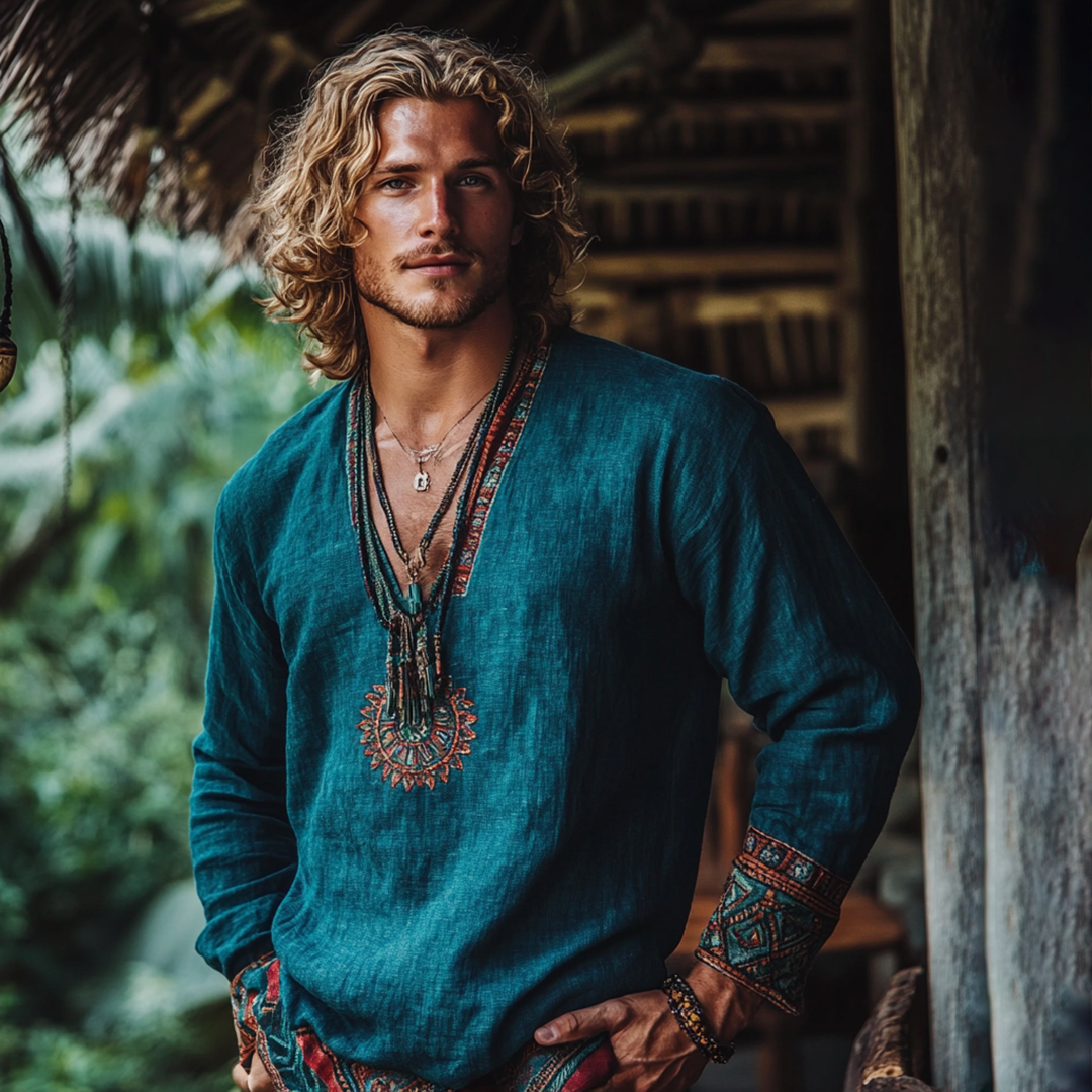 Men's Bohemian Holiday Style Linen Printed Casual Long Sleeve Tops artswardrobe