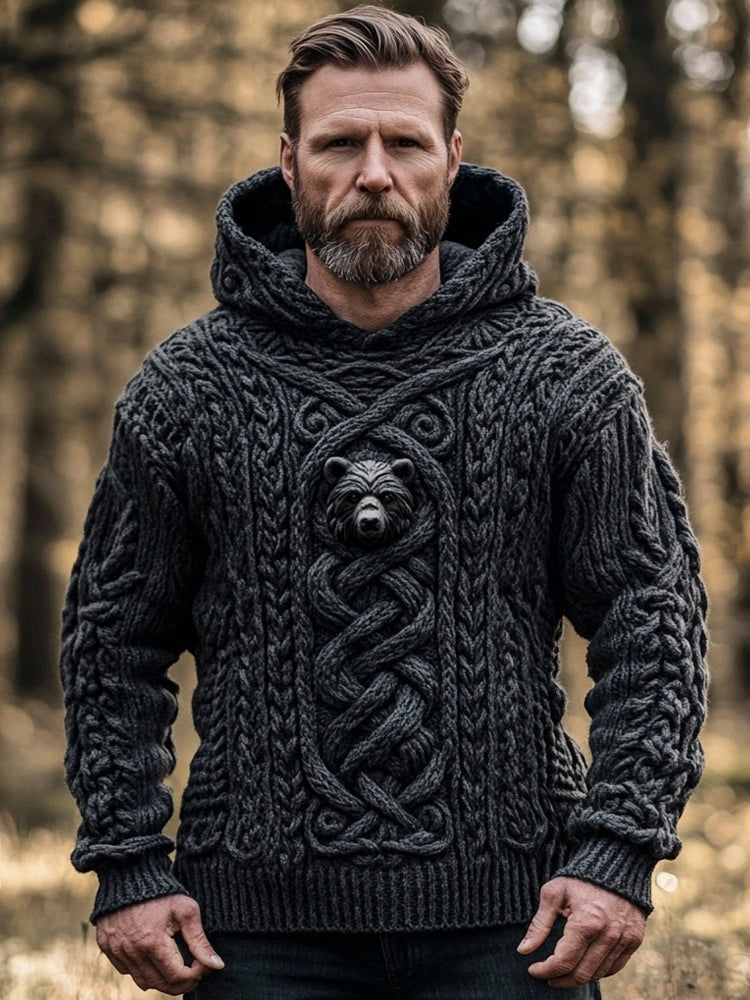 Bear & Celtic Knot Knit Pattern Men's Hooded Sweater artswardrobe