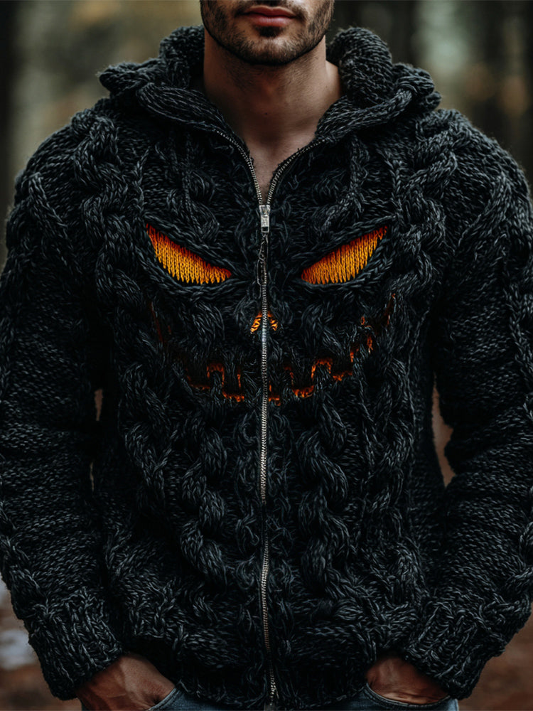 Halloween Evil Pumpkin Face Men's Chunky Knit Full Zip Hooded Sweater elevenforest