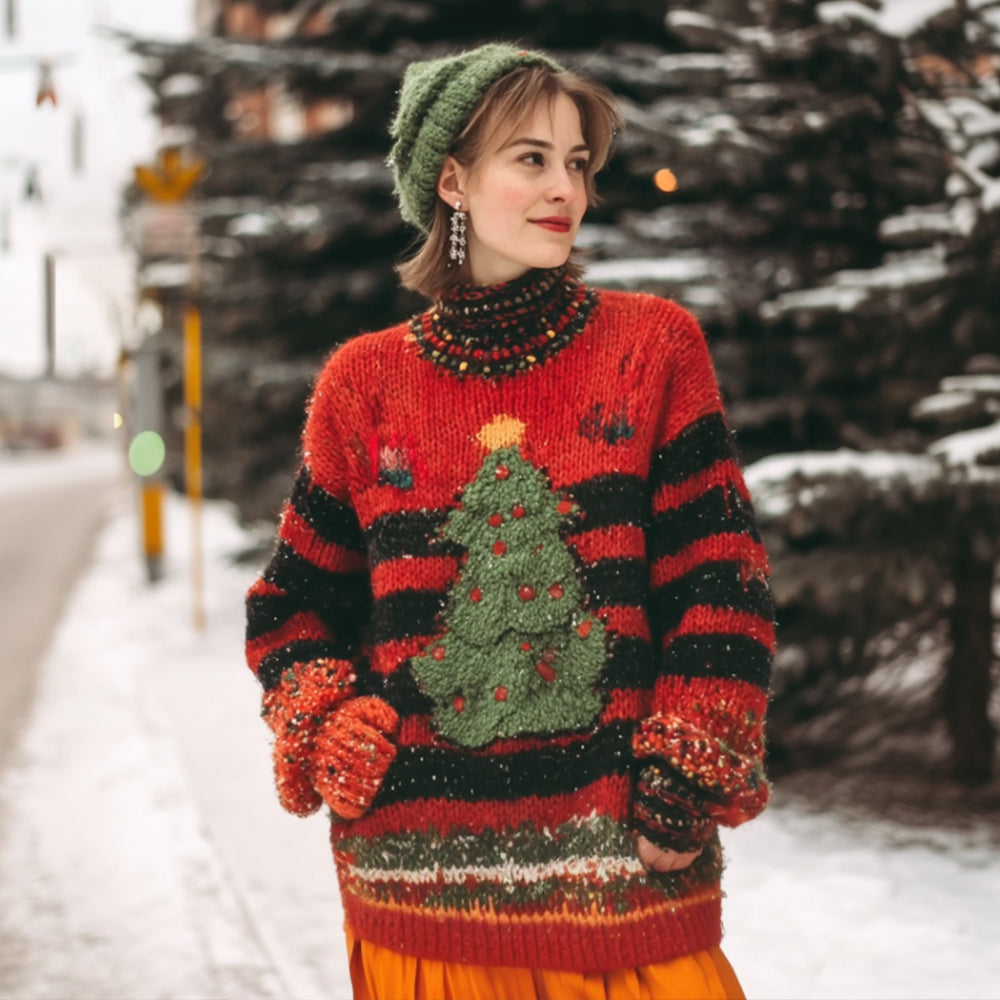 Women's Christmas Tree Stripe Pattern Red Sweater artswardrobe