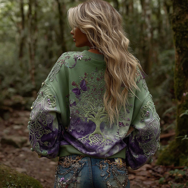 Women's Vintage Viking Tree Of Life Floral Crew Neck Sweatshirt artswardrobe