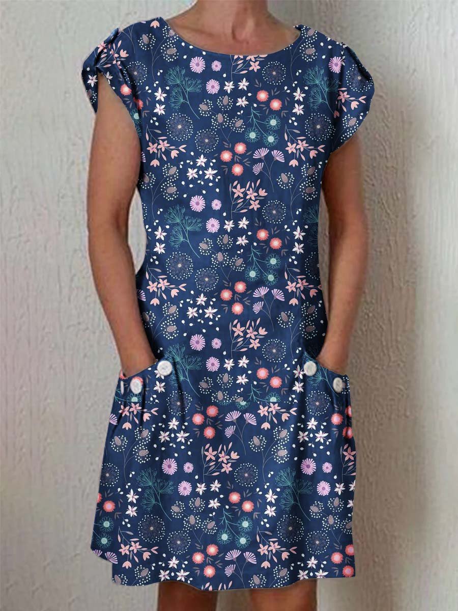 Women's Classic Floral Pattern Vintage Cotton and Linen Dress with Pockets