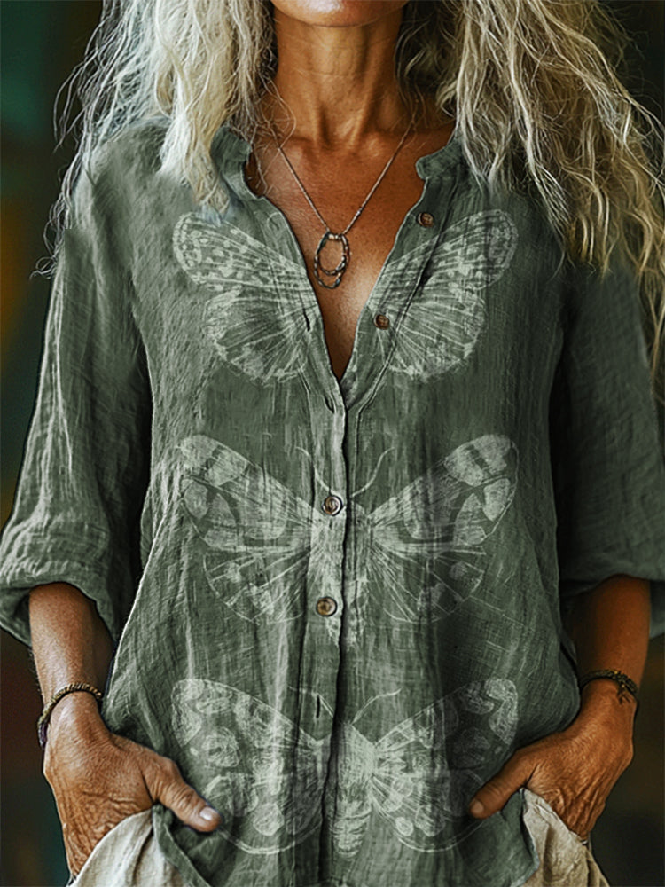 Women's Butterfly Embellished Pattern Art Print Casual Cotton Linen Sh