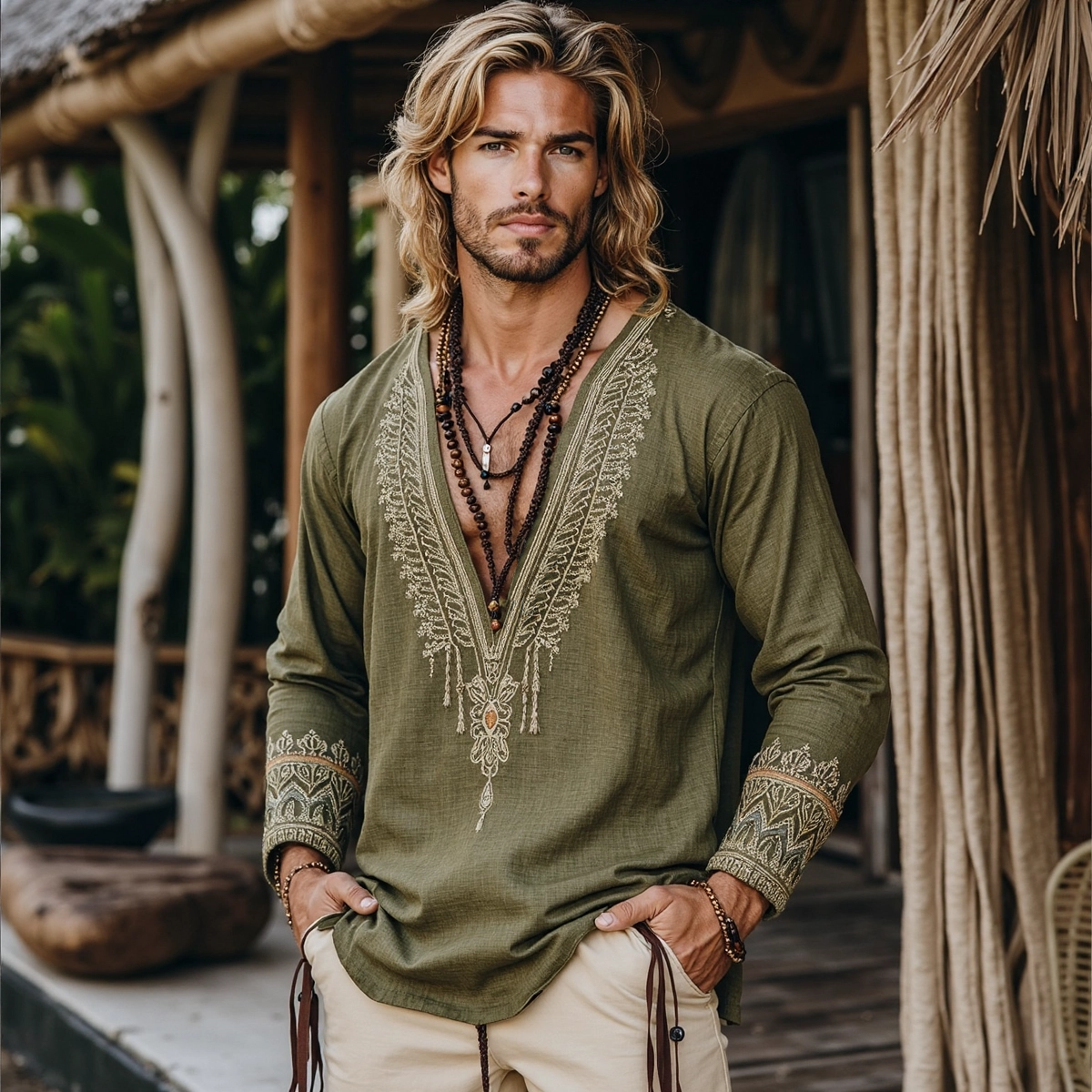 Men's Retro Bohemian Linen Printed Casual Long Sleeve Tops artswardrobe