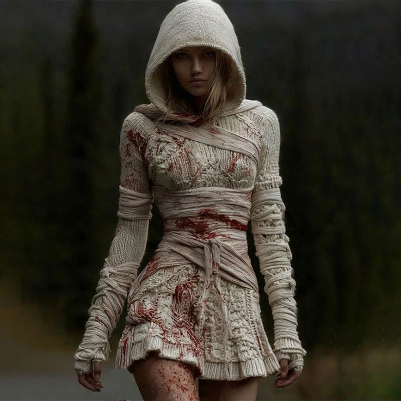 Women's Halloween Bandage Art Knit Hooded Sweater Mini Dress artswardrobe