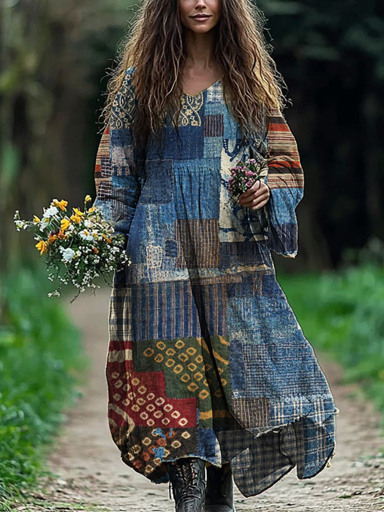 Boho Colorful Textile Flowy Linen Blend Maxi Dress artswardrobe
