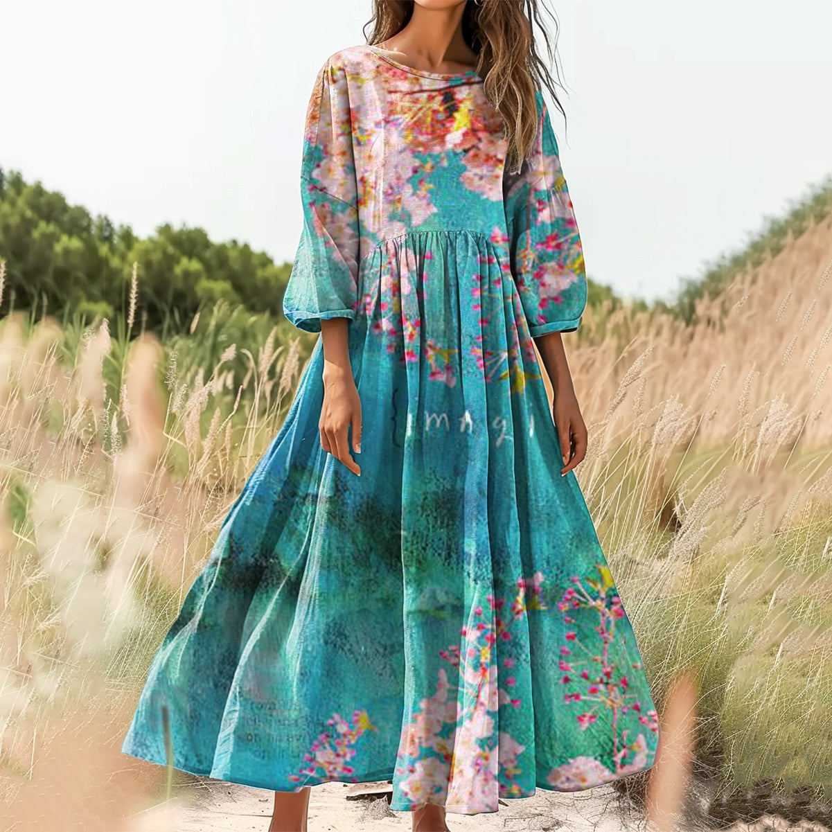 Women's Floral Art Print Cotton Crew Neck Dress