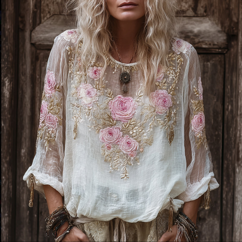 Comstylish Bohemian Pink Embroidered Casual Round-neck Long-sleeved Shirt