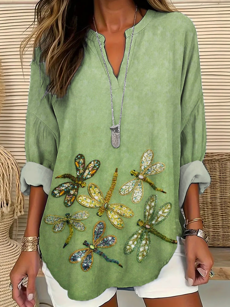 Comstylish Dragonfly Beaded Women's Long Sleeve V-Neck Shirt