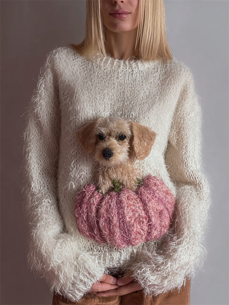 Lovely Fuzzy Dog & Pink Pumpkin Cozy Knit Sweater artswardrobe