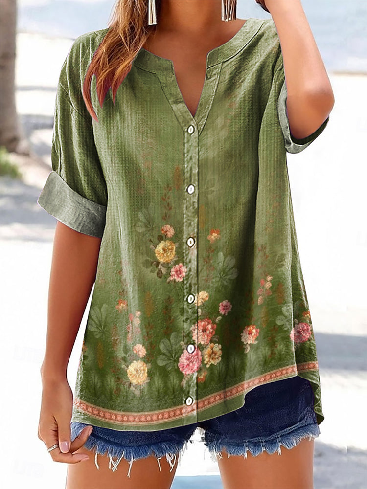 Women's Vintage Floral Art Print Casual Cotton Linen Shirt
