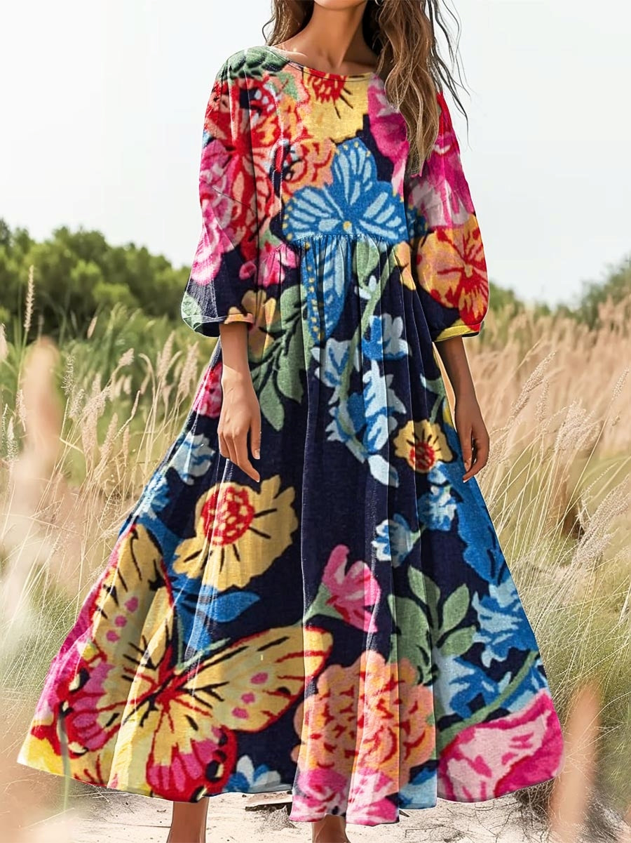 Women's Bohemian Floral Print Flowy Cotton Crew Neck Dress
