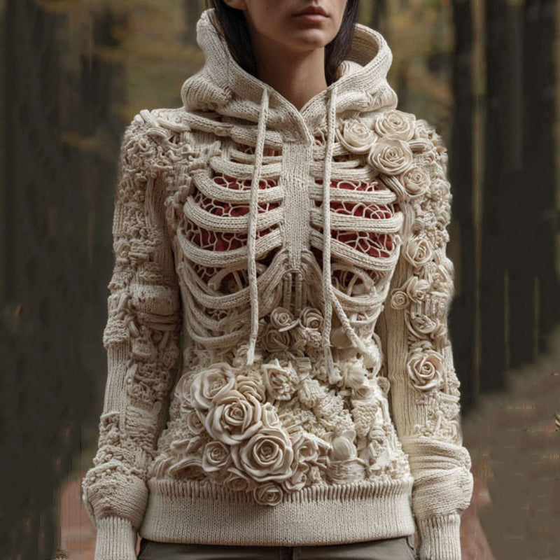 Women's Vintage Skeleton And Floral Knit Hooded Sweater artswardrobe