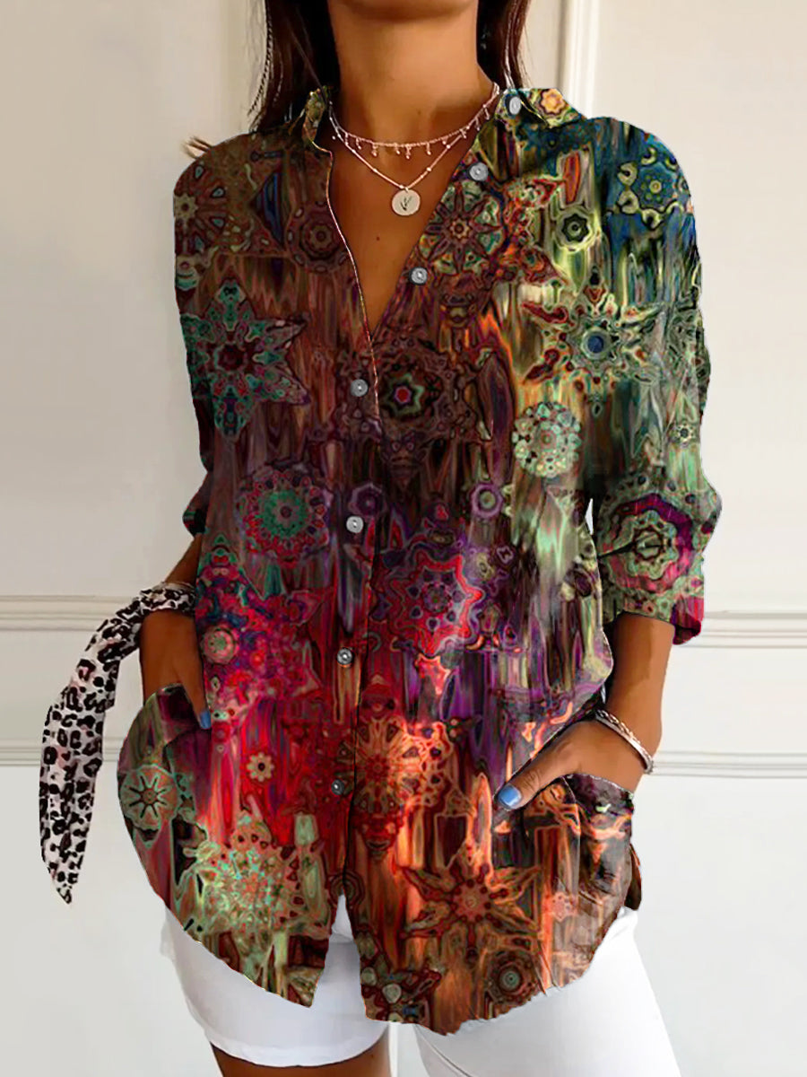 Women's Vintage Floral Art Print Casual Cotton Shirt