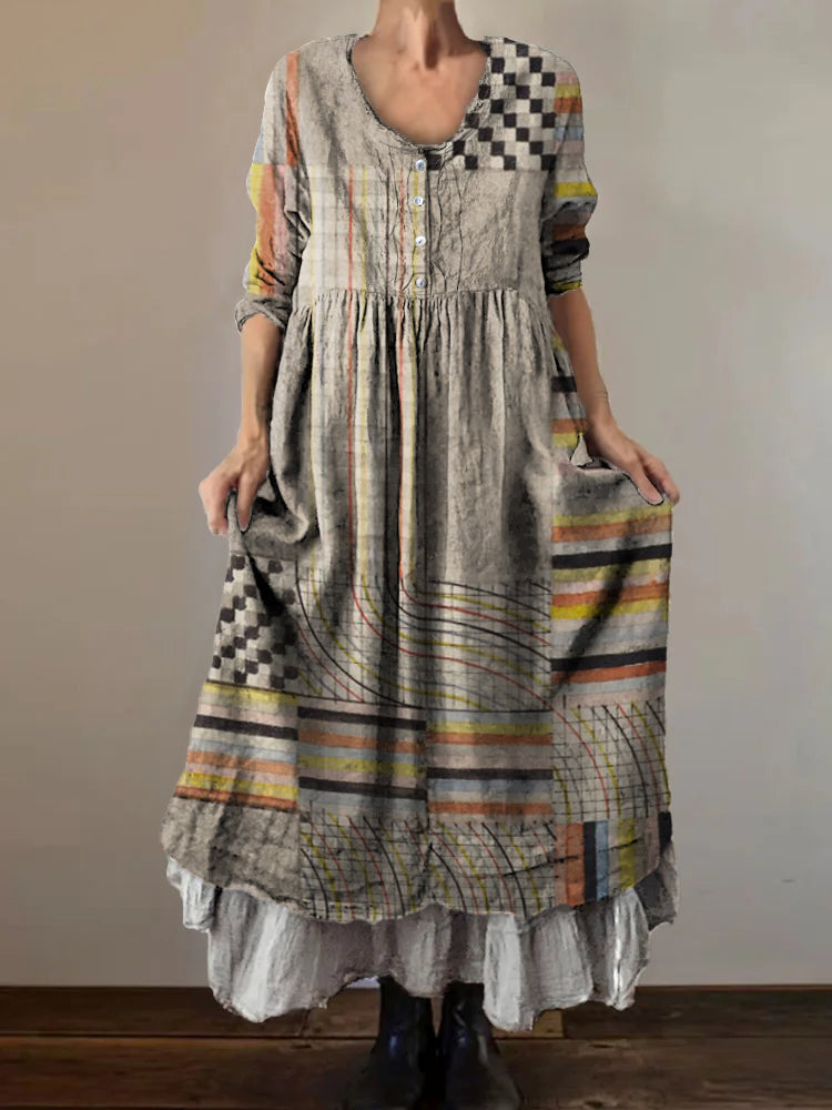 Women's Vintage Line Art Patterns Print Button Pocket Cotton Dress