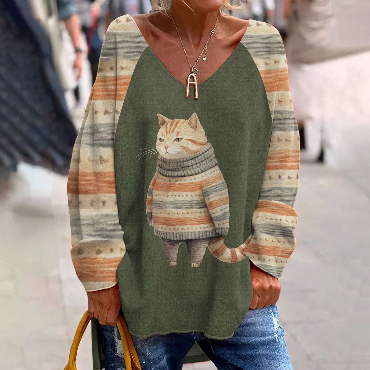 Women's Fat Cat In Cute Sweater Print Long Sleeve T-Shirt elevenforest
