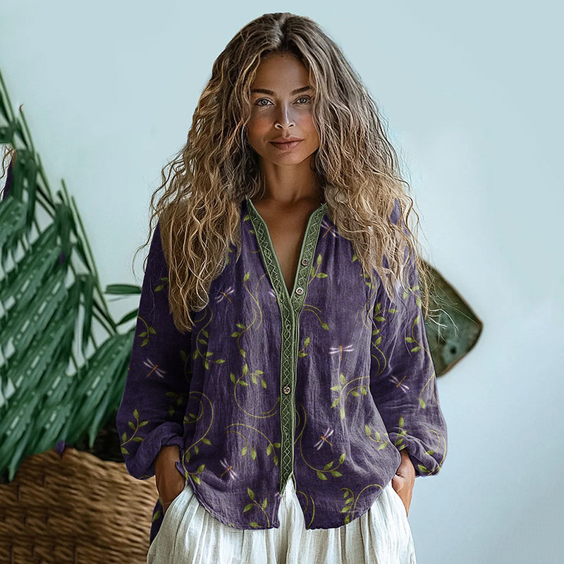 Bohemian Style Dragonfly Linen Print Long Sleeve Shirt artswardrobe