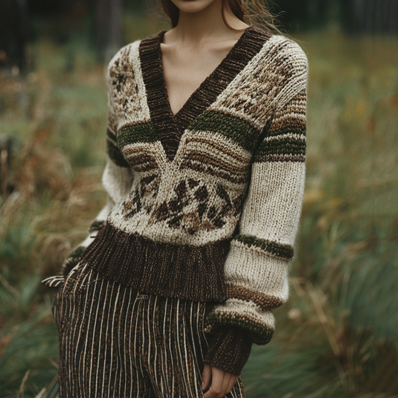 Vintage V-neck Knitted Two-tone Jacquard Irish Aran Sweater artswardrobe