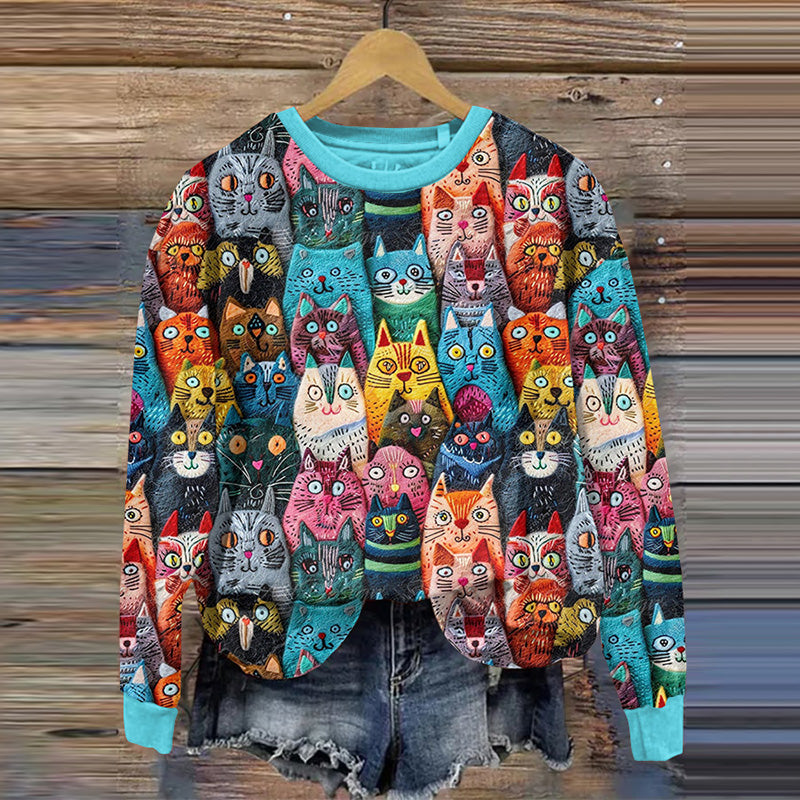 Colorful Cute Cats Embroidered Comfy Sweatshirt elevenforest
