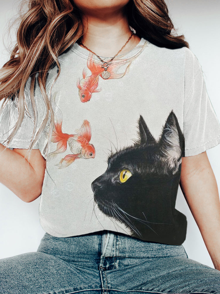 Goldfish & Cat Print Short Sleeve T-Shirt elevenforest