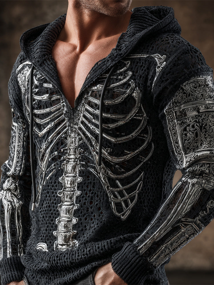 Halloween Mechanical Skeleton Art Men's Hooded Knit Sweater artswardrobe