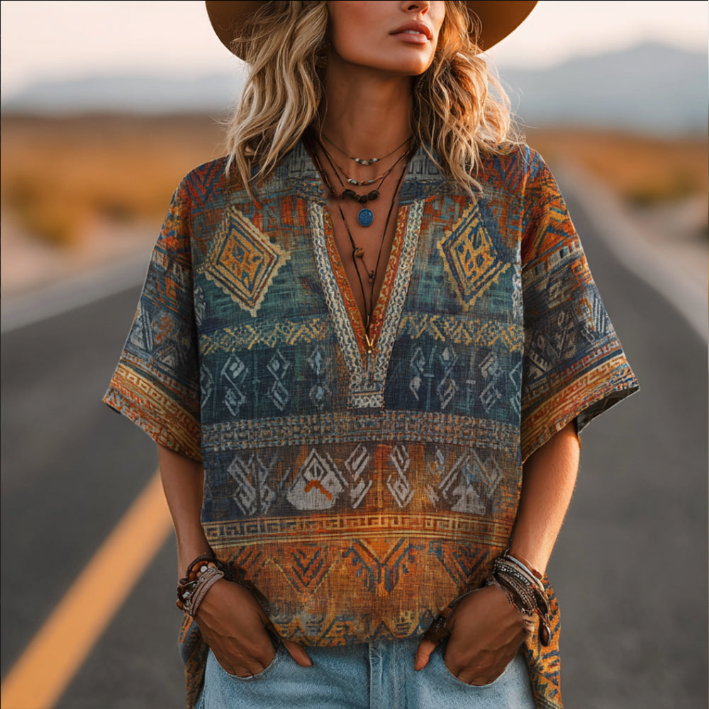 Bohemian Western Style Navajo Totem Geometric Pattern V-neck Short-sleeved Shirt artswardrobe