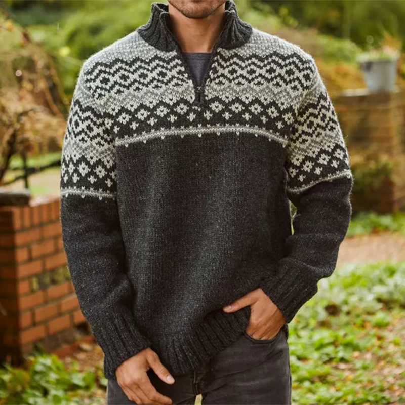 Men's Vintage Contrast Jacquard Iceland Half Zip Collar Sweater elevenforest