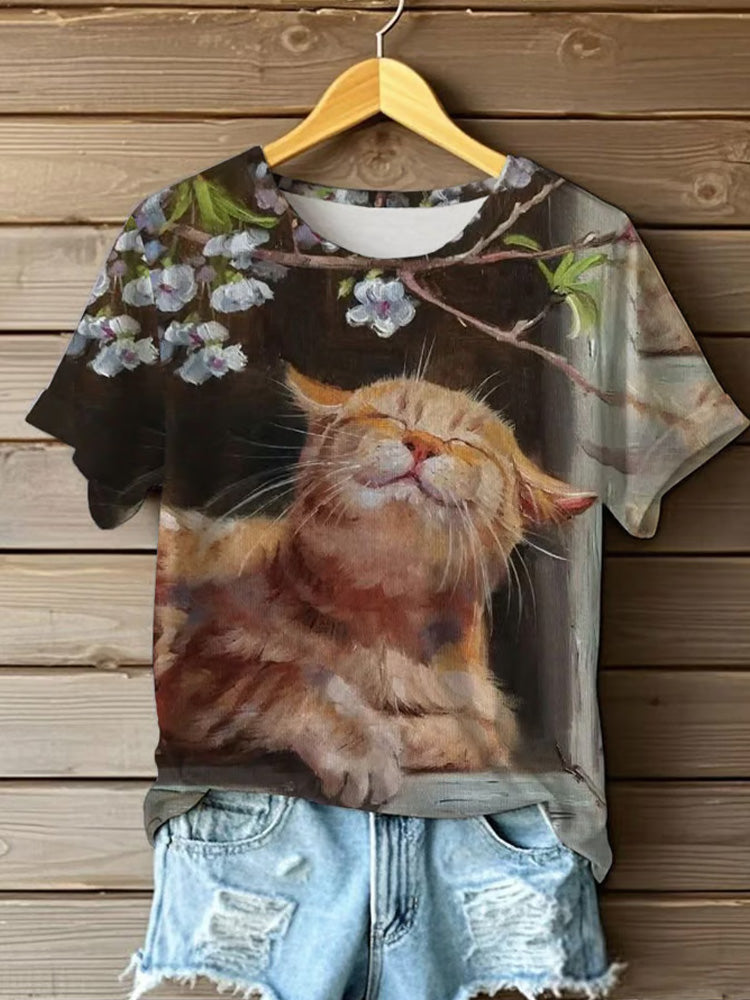 Women's Oil Painting Cute Flowers Cat Print T-shirt elevenforest
