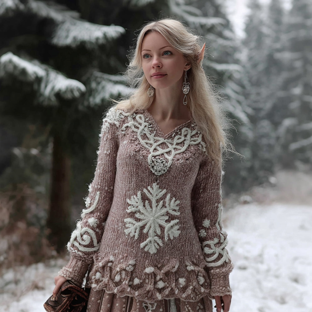 Women's Christmas Celtic Knot Snowflake Pink V-neck Sweater artswardrobe