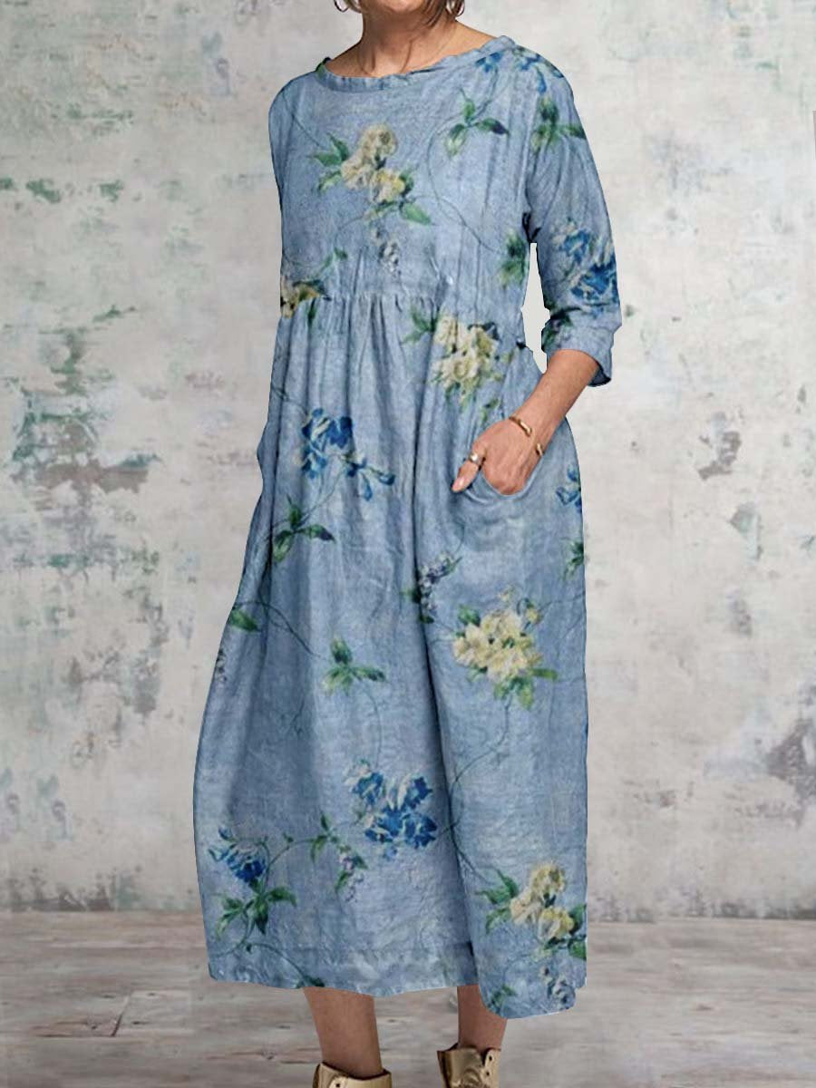 Women's Elegant Floral Classic Round Neck Cotton and Linen Dress