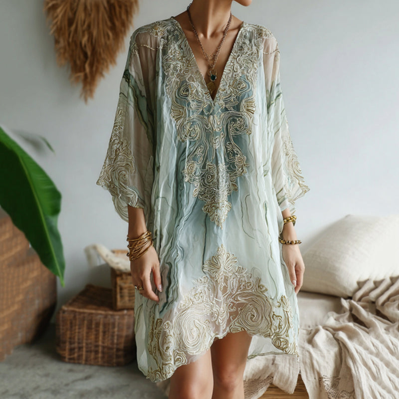 Vintage Marble Texture Collection Retro Bohemia Women Style Gradient Gilded Pattern Linen Dress artswardrobe