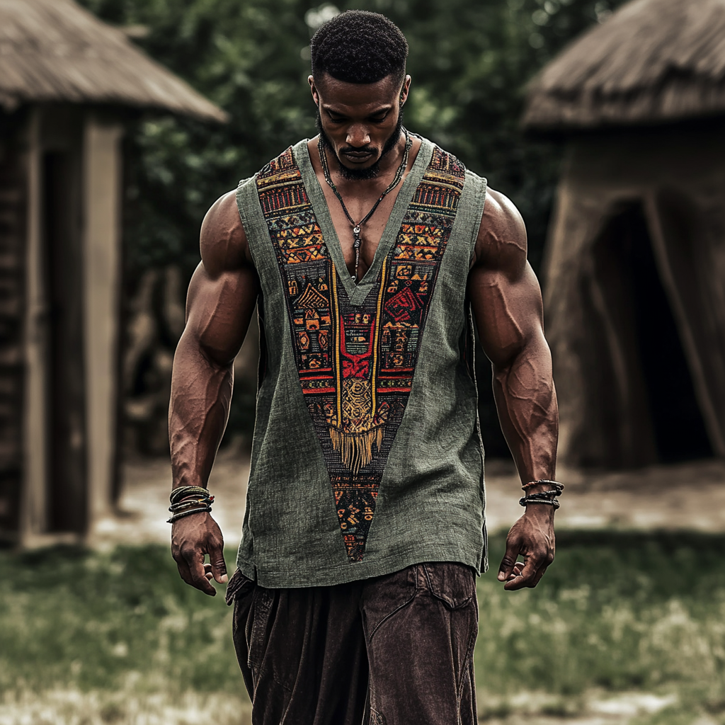 Men's African Juneteenth Ethnic Geometric Art Linen Tank Top artswardrobe