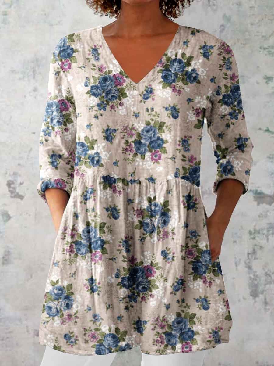 Women's Elegant Floral Pattern Round Neck Cotton and Linen Top