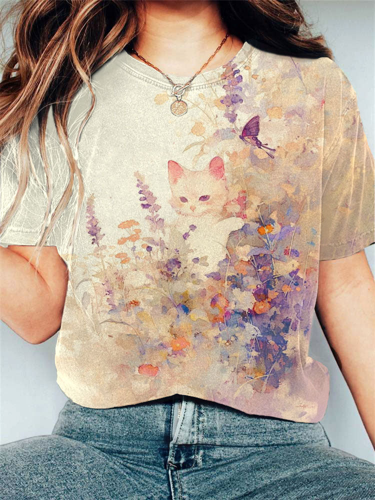 Women's Casual Japanese Art Black Cat Print T-shirt elevenforest