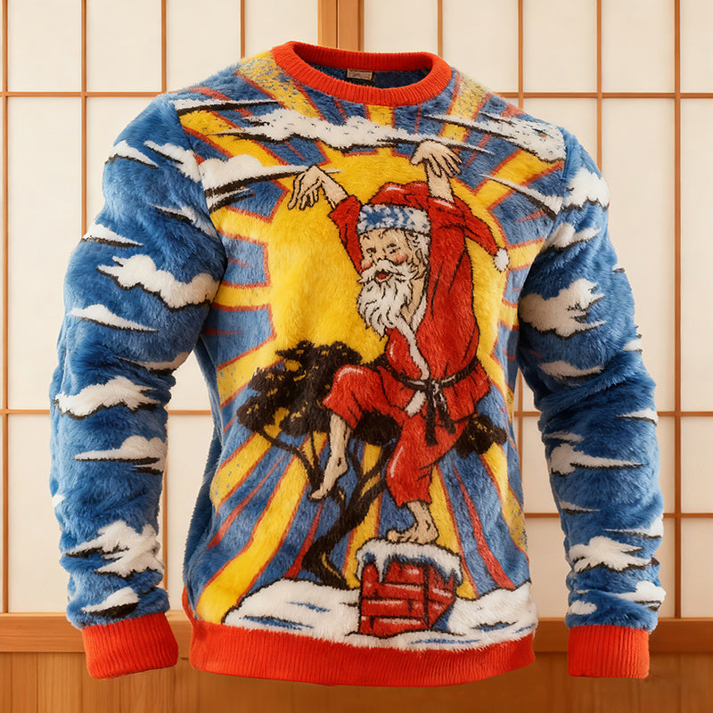 Comstylish Men's Funny Christmas Karate Santa Japanese Art Casual Flannel Sweatshirt