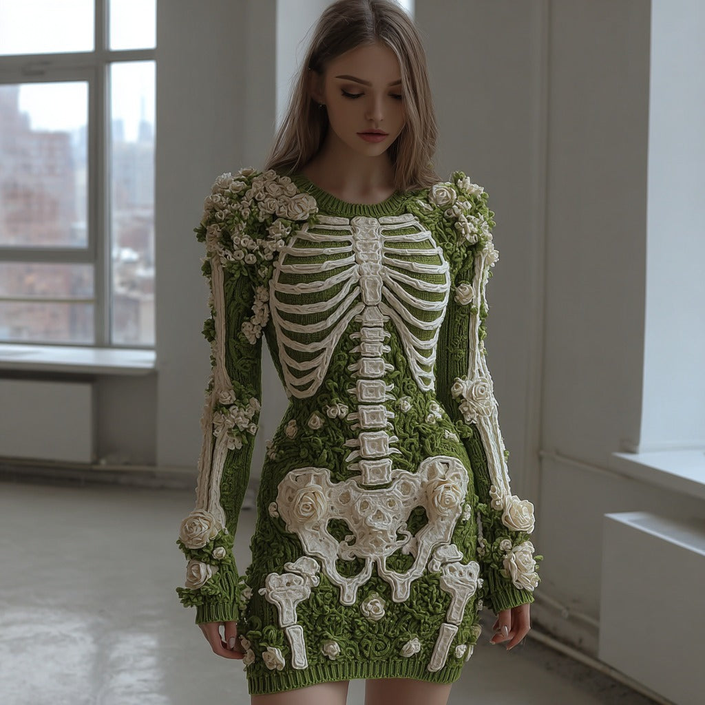 Women's Vintage Skull Rose Crochet Cozy Knit Sweater Dress artswardrobe