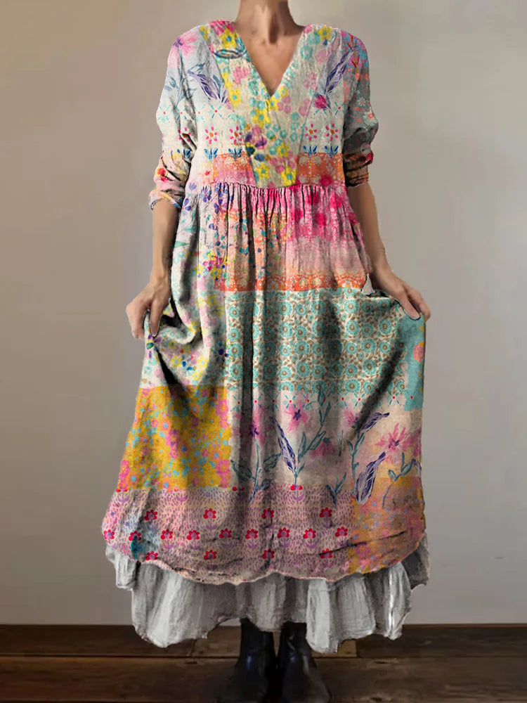 Women's Bohemian Floral Collage Print V-Neck Pocket Cotton Dress