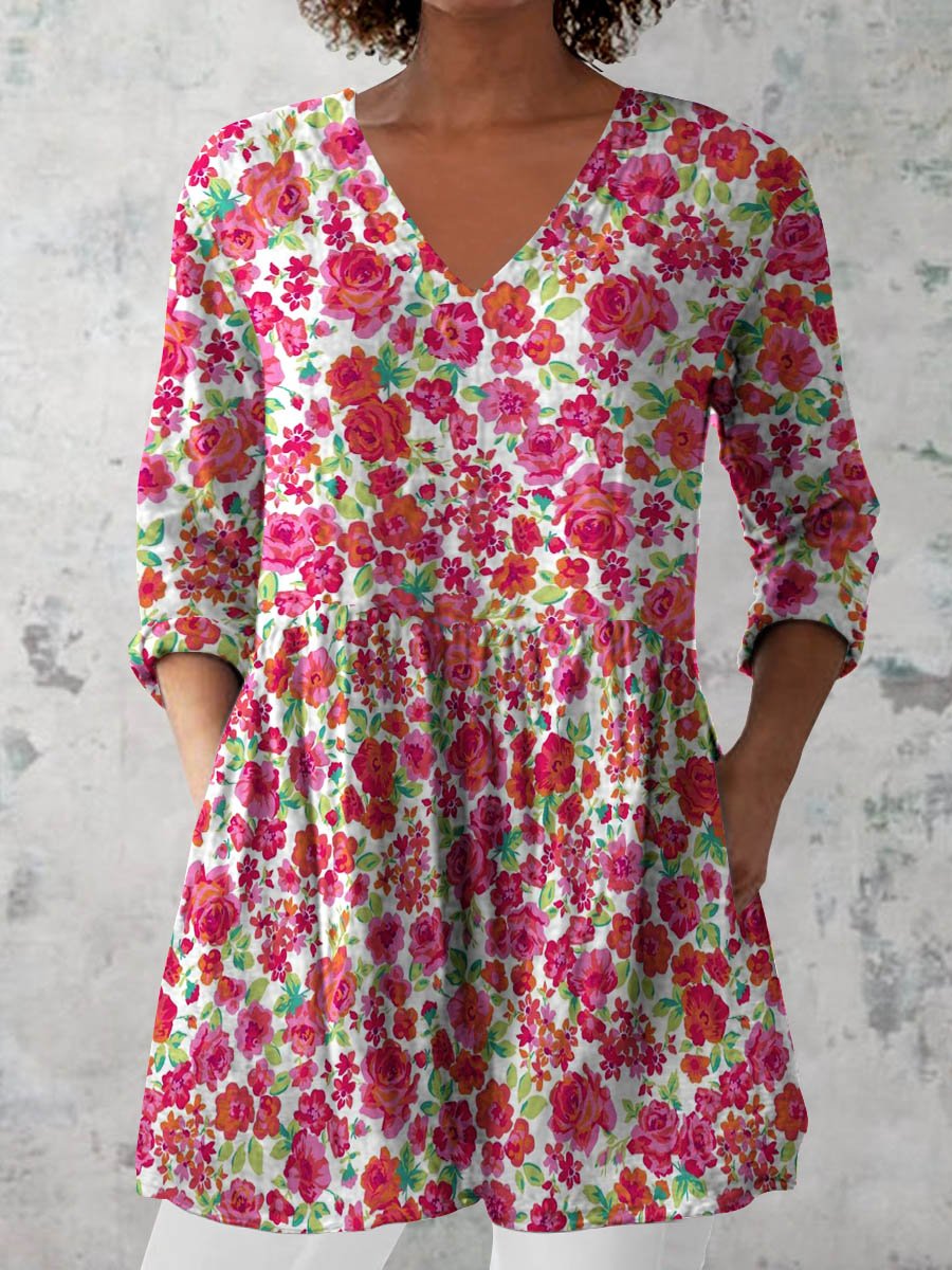 Women's Retro Floral Art Print Casual Cotton And Linen V-neck Top