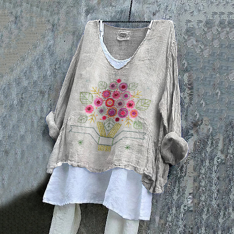 Comstylish Women's Colorful Floral Embroidery Art Linen V-neck Shirt