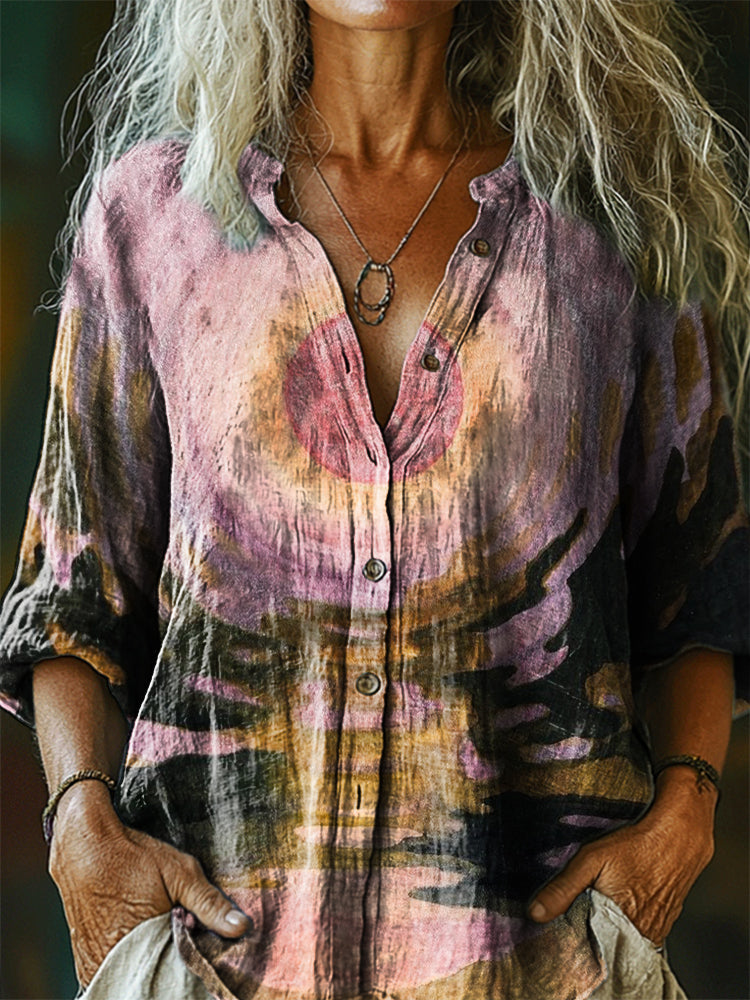 Women's Vintage Sunrise Art Print Casual Cotton Linen Shirt