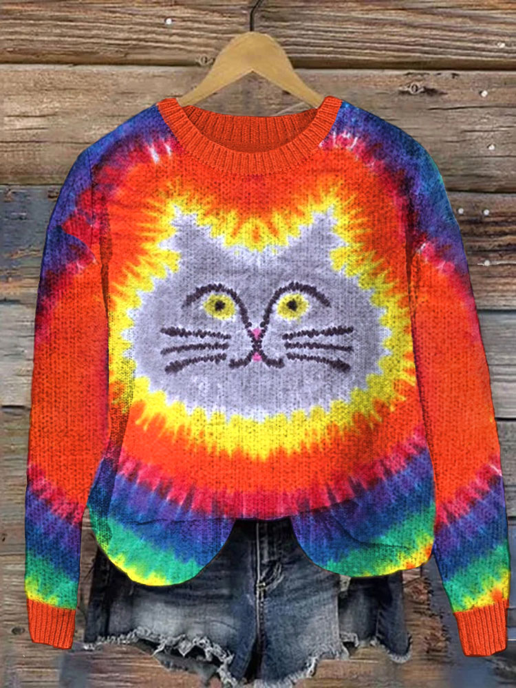 Cute Cat Tie Dye Art Knit Sweater elevenforest